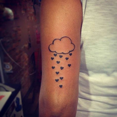 23 Cute Cloud Tattoo Designs and Ideas Rainbow And Cloud Tattoo, Rain Cloud Tattoos, Cloud Tattoos, Raining Hearts, Cloud Tattoo Design, Rain Tattoo, Trad Tattoos, Upper Thigh Tattoos, Storm Tattoo