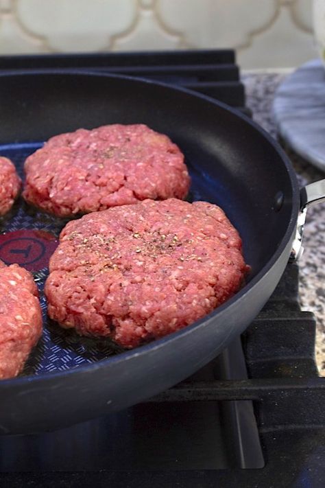 Stovetop Burgers - Laughing Spatula Hamburgers From Ground Beef, How To Cook A Hamburger On The Stove, Easy Burgers On Stove, Fried Burger Recipes, Juicy Burger Recipe Stove, How To Cook A Burger On The Stove, Ways To Cook Hamburger Patties, Recipe For Hamburger Patties, Burgers On Skillet