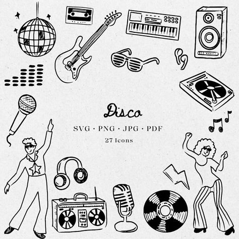 Disco Party Illustration, Doodle Dancing, Dance Symbols, Disco Ball Doodle, Disco Clipart, Disco Drawing, Party Doodles, Disco Illustration, Scribble Drawings