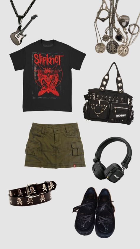 #outfitinspo #outfit #outfitideas #alt #alternative #fashion #fashioninspo #collage #slipknot #slipknotband #metal #metalhead #emo #grunge #grungeoutfits #cargos #skirt #band #bands #aesthetic Metalhead Aesthetic Outfit, Bands Aesthetic, Street Style Outfits Casual, Outfit Collage, Metal Clothing, Emo Grunge, Slipknot, Swaggy Outfits, Street Style Outfit