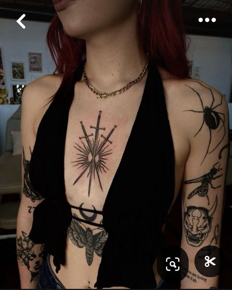 Dark Cute Tattoos, Dark Chest Tattoos For Women, Chest Woman Tattoo, Tattooed Woman Aesthetic, Tattoos Dark Aesthetic, Tattoed Women Aesthetic, Dark Red Tattoo, Black Tattoos For Women, Tattoo Chest Woman