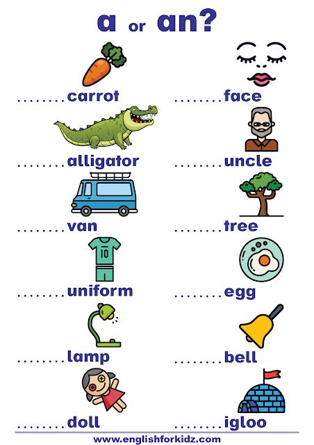 English indefinite articles - a and an - worksheet for EFL and ESL students Articles A And An, A And An Grammar, Use Of A And An Worksheet For Kids, An And A Worksheet, Use Of A And An Worksheet, A And An Worksheets Kids, How To Teach English To Kids, A And An Worksheets, A An Worksheet