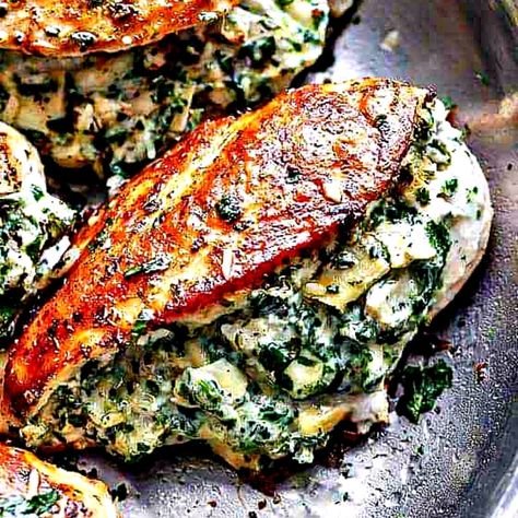 Keto Spinach Artichoke, Spinach Artichoke Stuffed Chicken, Artichoke Stuffed Chicken, Artichoke Stuffed, Keto Spinach, Swordfish Recipes, Stuffed Chicken Breast Spinach, Keto Seafood, Dinner For 2