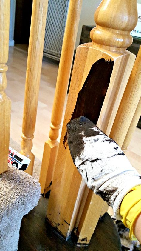 How to Refinish a Wood Banister Landing Railing Ideas, Redoing Stair Railing Banisters, Farmhouse Banister, Oak Banister Makeover, Banister Makeover, Stained Staircase, Painted Banister, White Railing, Wood Banister