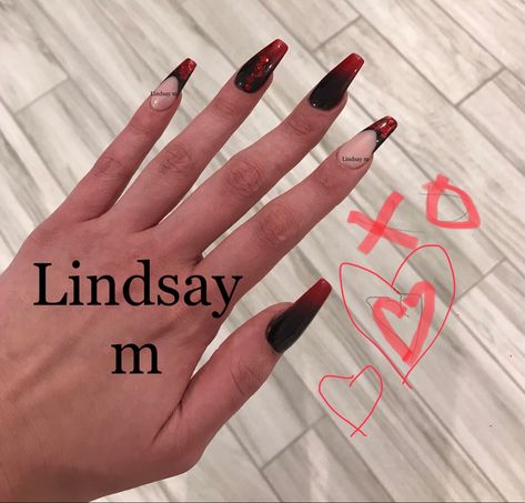 Ombre Red And Black Nails, Black And Red Ombre Nails Matte, Red Black Ombre Nails Coffin, Ombre Red Black Nails, Red And Black Ombre Gel Nails, Ombré Coffin Nails, Nails For Valentines Day, Ombré Coffin, Nails For Valentines