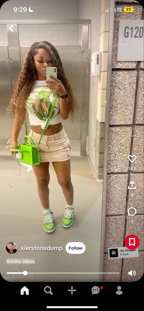 Chorphyl Dunks Outfit, Cargo Skirt With Dunks, Mini Skirt And Dunks Outfit, Lime Green Dunks Outfit, Lime Ice Dunks Outfits, Outfits For Green Dunks, Grey Fog Dunks Outfit Black Women, First Day Of School Fits Baddie, Chrophyl Dunks Outfit