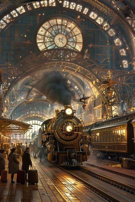 Old Trains Aesthetic, Steam Punk Background, Old Train Station Aesthetic, Old Train Aesthetic, Vintage Train Aesthetic, Steampunk Train Station, Fantasy Train, Train Station Aesthetic, Steampunk Train