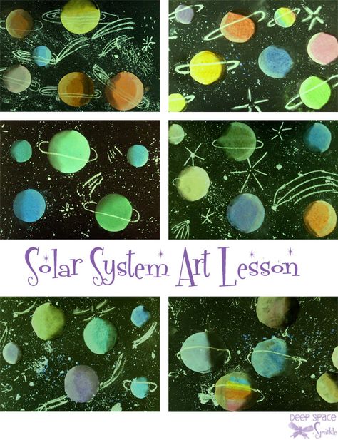 This is another good lesson on value; I might have the kids watercolor the planets first! Space Art Projects For Kids, Space Art Projects, Galaxy Projects, Solar System Art, Deep Space Sparkle, 2nd Grade Art, 5th Grade Art, 3rd Grade Art, Art Projects For Kids