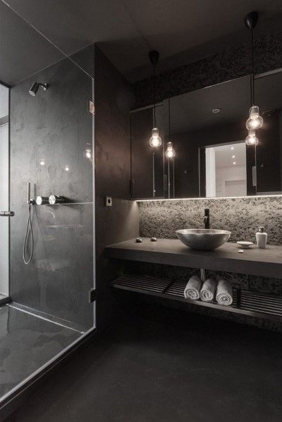 Cool Men's Bathrooms Loft Apartment Interior, Drømme Bad, Modern Loft Apartment, Dark Bathrooms, Bathroom Color Schemes, 아파트 인테리어, Modern Loft, Bad Design, Apartment Bathroom