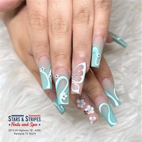 Mint Green Bling Nails, Mint Green And White Nails, Aquamarine Nails Design, Mint Nails Design, Quince Nails, Mint Green Nails, Quinceanera Nails, Mint Nails, Butterfly Nail Designs