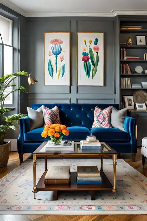 Blue Couch Living, Blue Sofas Living Room, Blue Couch Living Room, Grey Walls Living Room, Blue Couch, Vibrant Living Room, Colourful Living Room Decor, Room Wall Colors, Gray Walls