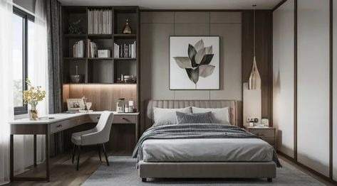 10 Small Bedroom Layout Ideas with Desk You'll Love 10 Bedside Work Desk, Bedroom Idea With Desk, Bedroom With Desk Layout Ideas, Desk In Bedroom Layout, Bedroom With Computer Desk, Bedroom With Desk Ideas, Desk Beside Bed, Small Bedroom Layout Ideas With Desk, Bedroom Layout Ideas With Desk