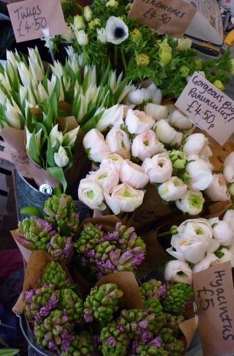 White ranunculus and tulips. Farmers Market Flowers, The Flower Market, Ginger Lily, Purple Home, Deco Floral, Types Of Flowers, Flower Market, Beautiful Blooms, Buckets