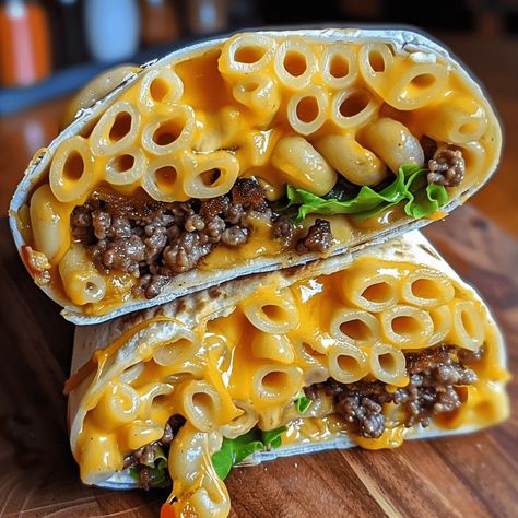 Cheeseburger Wrap, Burger Wrap, Cheeseburger Wraps, Mac And Cheese Burger, Cheesy Mac, Juicy Burgers, Gluten Free Wraps, Cheesy Mac And Cheese, Boiling Pasta