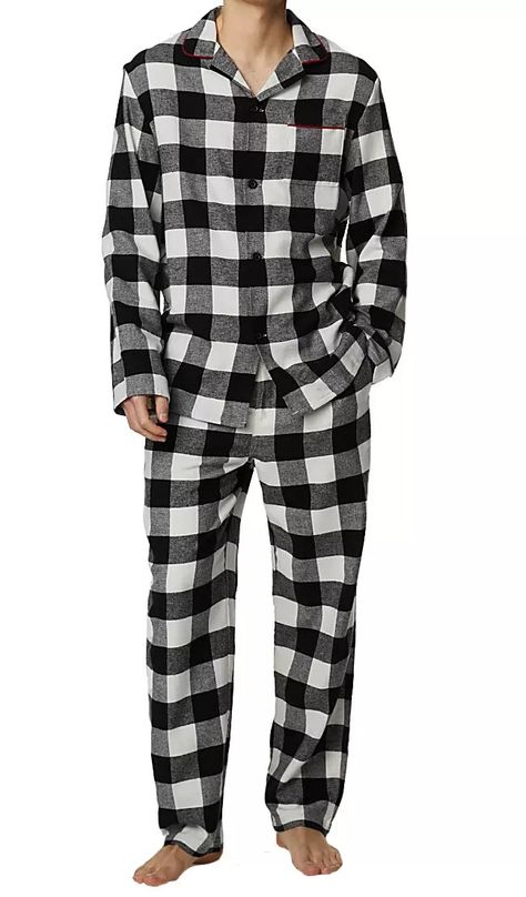 M&S Men's Mono Check Pyjama Set Black/White Sizes S M L XL XXL | eBay Check Pyjamas, Garment Care Labels, Button Top, Mens Pajamas, Pyjama Set, Brushed Cotton, All Brands, Chest Pocket, Nightwear