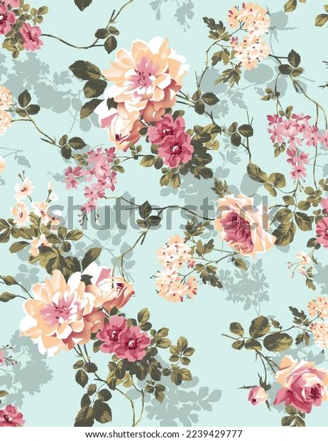 Textile Design Cute Flower Pattern Image Stock Illustration 2239429777 | Shutterstock Botanical Flower Pattern, Shutter Stock Design Patterns, Digital Flowers Design, Vel Design, Flower Pattern Design Prints, Shutterstock Images, Flower Allover, Cute Flower Pattern, Flower Print Pattern