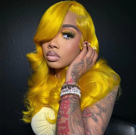 Vibrant lemon-colored wig that falls in loose waves and adds a pop of color to any outfit. This unit is also comes in ginger. Available lengths 16"-34". Check out this wig by clicking on the link in the comment section. #bellahaircrownz #wigs #yellow #style #fypシ Yellow Frontal Wig, Baddie Goals, 21st Birthday Hairstyles, Hd Lace Frontal Wigs, Yellow Hair Color, Frontal Wig Hairstyles, Bella Hair, Hd Lace Frontal, Long Curly Wig