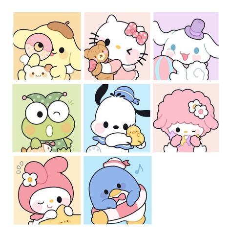 Sanrio New Character, All The Sanrio Characters, Kpop Mail Sticker, All Sanrio Characters, My Melody Stickers, Kawaii Printables, Walpaper Hello Kitty, Charmmy Kitty, Cute Easy Doodles