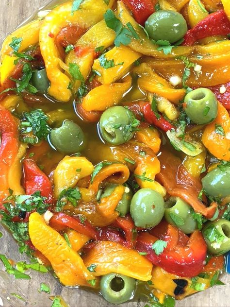 Roasted Pepper Salad with Castelvetrano Olives - Proud Italian Cook Vegetable Torte, Castelvetrano Olives, Pepper Salad, Olive Recipes, Roasted Vegetable, Garlic Olive Oil, Mushroom Pasta, Carb Meals, Garbanzo Beans