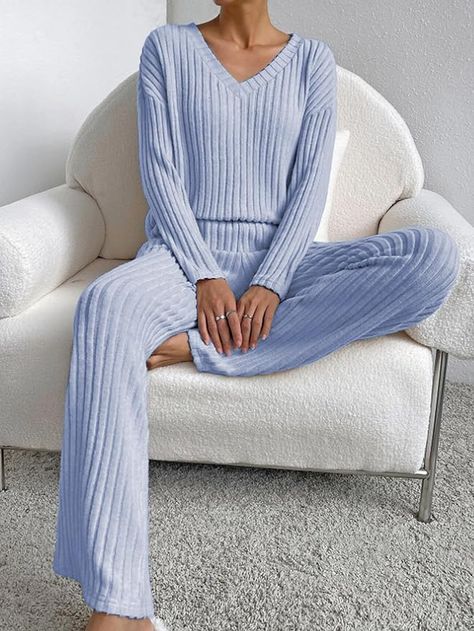 Famulily Women’s 2 Piece Outfits Lounge Sets Rib Knit Matching Pajama Set Long Sleeve V Neck Tops Wide Leg Pants with Pockets, knit outfits, womens pjs, slumber party inspo, slumber party, sleepover, galntines, sleepover party, women, comfy, soft Leg Pants Outfit, Top And Pants Set, Top Pants Set, Todays Outfit, Ankle Length Pants, Loungewear Set, Mua Sắm, Knit Set, Two Piece Outfit