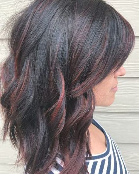 Dark Red Highlights on Black Hair Black Hair Ombre Balayage, Classy Highlights, Red Highlights On Black Hair, Dark Red Highlights, Black Hair With Red Highlights, Red Highlights In Brown Hair, Highlights On Black Hair, Black Hair Ombre, Blonde Ombre Hair