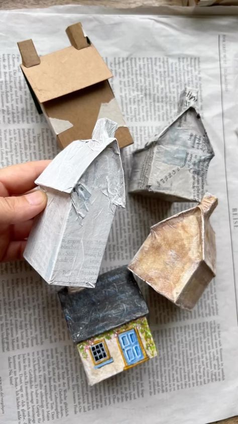 Heinz & Brummel (@heinzundbrummel) • Instagram photos and videos Papmache Ideas, Miniature Houses Diy Cardboard, Tiny Paper Houses, Paper Mache Houses, Dollhouse Crafts, Cardboard Diy, Old Packaging, Paper Mache Sculpture, Paper Mache Art