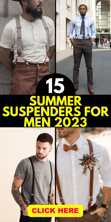 Learn how to wear and style summer suspenders for men with our helpful tips and outfit ideas. Whether you're aiming for a trendy and modern look or a more vintage-inspired vibe, suspenders can be a versatile addition to your wardrobe. From pairing them with dress pants for a formal occasion to incorporating them into a casual outfit, our guide will help you create the perfect ensemble. Suspenders With T Shirt, Man Suspenders Outfit, Men Outfit With Suspenders, Men’s Suspenders, Dress Pants With Suspenders Men, Outfit With Suspenders Men, Men’s Suspenders Outfit, Suspenders Men Fashion Street Style, Casual Suspender Outfit Men