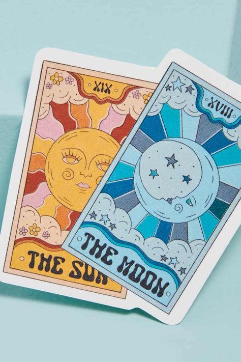 Tarot Cards Art Illustration, Sun And Moon Tarot, The Moon Tarot Card, The Sun Tarot, Tarot Magic, The Moon Tarot, Sun Painting, Sun Illustration, Moon Illustration