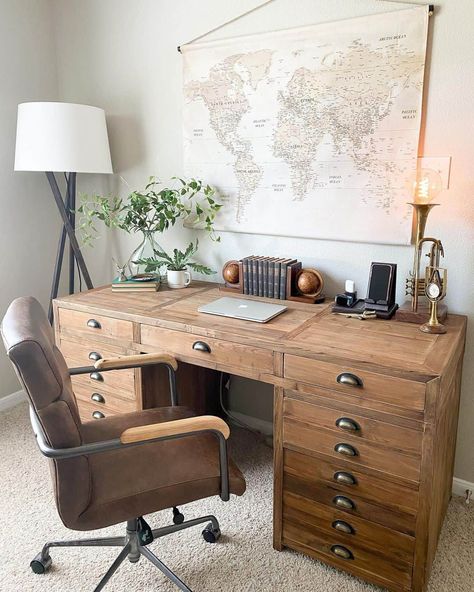 34 Farmhouse Desks for Even the Most Challenging Spaces Large Farmhouse Desk, Wood Desks For Bedroom, Earth Tone Desk, Farmhouse Desk Ideas, Unique Desk Ideas, Home Office Wood Desk, Farmhouse Office Desk, Globe Bookends, Rustic Desk Decor