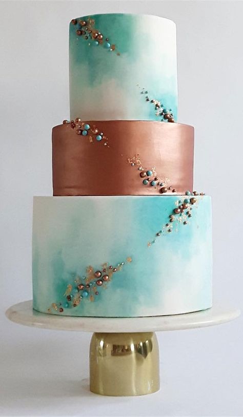 Take a look at the most creative wedding cake designs for a sweet and unique dessert table come your big day. Fondant or Buttercream?... Beaded Wedding Cake, Copper Wedding Cake, Turquoise Wedding Cake, Wedding Cake Centerpieces, Wedding Cake Options, Rose Gold Cake, Creative Wedding Cakes, Black Wedding Cakes, Aqua Wedding