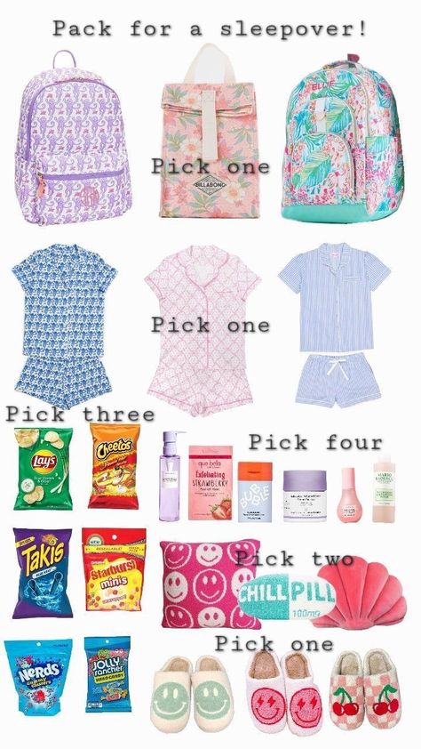 Pack For A Sleepover, Sleepover Packing List, Starburst Minis, Sleepover Stuff, Sleepover Essentials, Sleepover Tips, Making A Gift Basket, Barbie Funny, Sleepover Bag