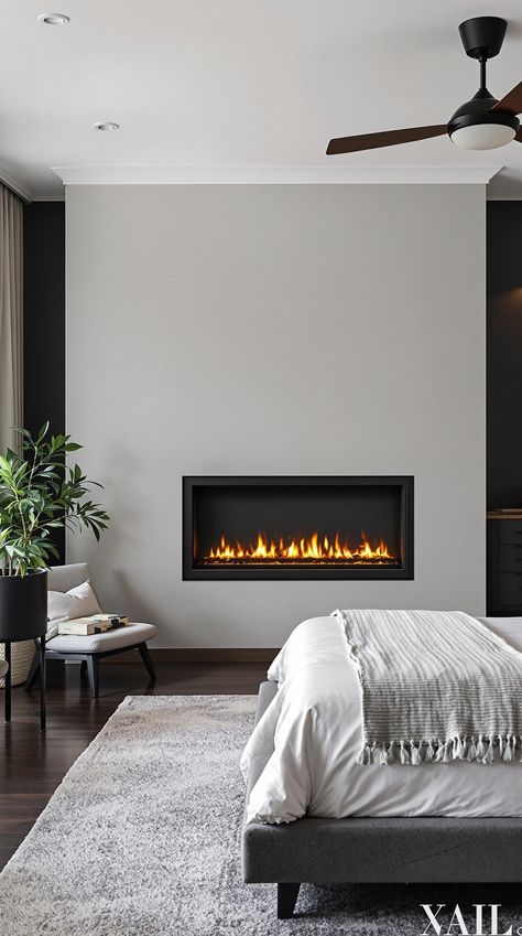 Bedroom with Fireplace Bedroom Tv With Fireplace, Electric Fireplace Master Bed, Masculine Fireplace, Bedroom With Fireplace Master, Bedroom With Fireplace Ideas, Bedrooms With Fireplaces, Bedroom Fireplace Ideas, Electric Fireplace Bedroom, Bedroom With Fireplace