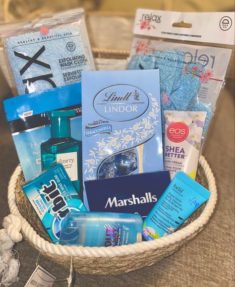 All Blue basket 🦋🪼💙🩵💙🩵💙 🧖🏽‍♀️ Spa basket ||| Mother’s day gift #aesthetic #tiktok #marshallsfinds #neutragena #fine’ry #belif Blue Gift Basket Ideas For Women, Blue Birthday Gift Basket, Blue Gift Basket Ideas For Best Friend, Teal Gift Basket Ideas, Gift Basket Ideas Blue Theme, Birthday Basket Blue, Color Themed Gift Baskets Blue, Blue Birthday Box Gift, Cute Gift Baskets For Best Friend Blue