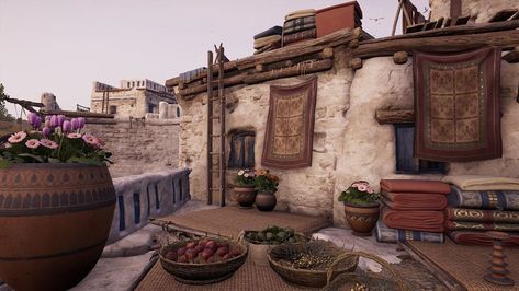 Paige on Instagram: “Rooftop balcony in an Ancient Greek fishing village. . . . #assassinscreed #ancientgreece #patiodecor #rusticstyle #game #greece” Ancient Greece House, Ancient Greek Village, Ancient Greek House, Desert Kingdom, Ancient Explorer, Ancient Greece Aesthetic, Character Moodboard, Greek Stories, Rooftop Balcony