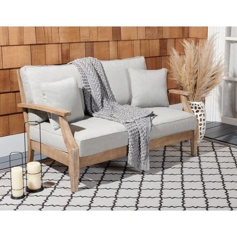 SAFAVIEH Couture Martinique Wood Patio Loveseat - 57 IN W x 36 IN D x 33 IN H - On Sale - Bed Bath & Beyond - 29905999 Tropical Villa, Patio Daybed, Patio Loveseat, Outdoor Loveseat, Outdoor Couch, Wood Patio, Sunbrella Cushions, Teak Outdoor, Grey Cushions