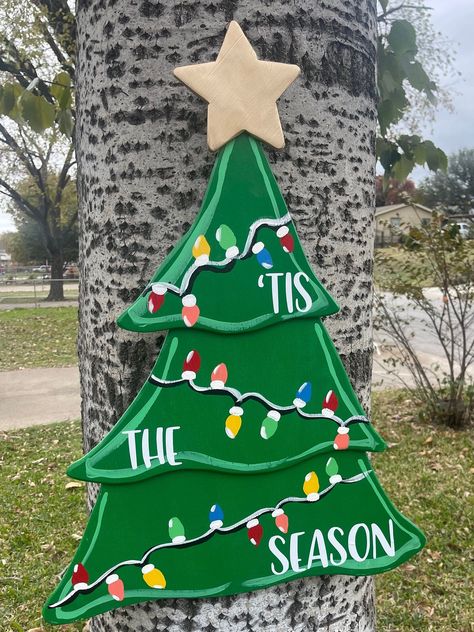 Christmas Tree Wood Cutout Painted, Christmas Tree Door Sign, Wooden Christmas Trees Painted, Christmas Tree Yard Decorations, Elf Musical, Downtown Christmas, Christmas Tree Door Hanger, Tree Door Hanger, Hanger Christmas Tree