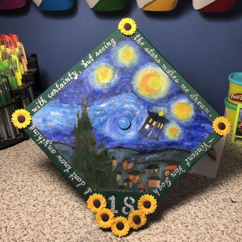 Starry Night Graduation Cap, Van Gogh Graduation Cap, Diy Graduation Decorations, Creative Graduation Caps, Graduation Hats, Graduation Cap Decoration Diy, College Graduation Cap Decoration, Starry Night Art, Grad Cap Designs