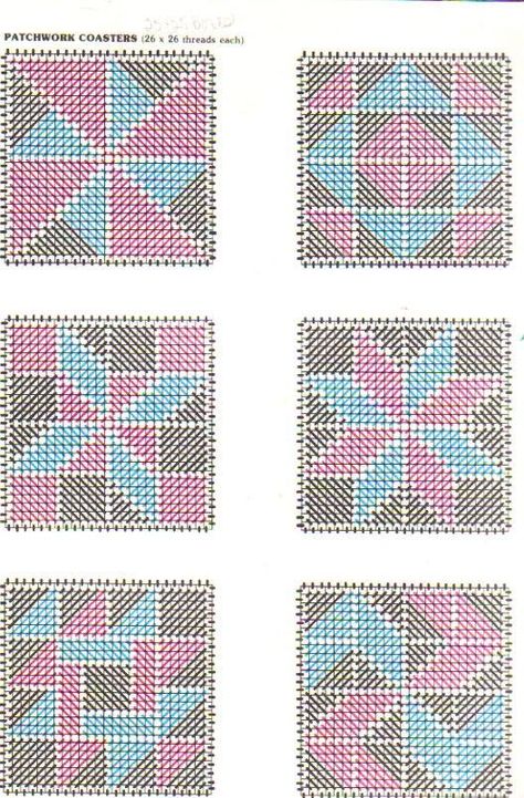 Patchwork Coasters 2/2                                                                                                                                                     More Patchwork Coasters, Crochet Christmas Coasters, Pola Jaring, Coasters Pattern, Crochet Net, Bargello Patterns, Ideas For Crochet, Plastic Canvas Coasters, Plastic Canvas Stitches