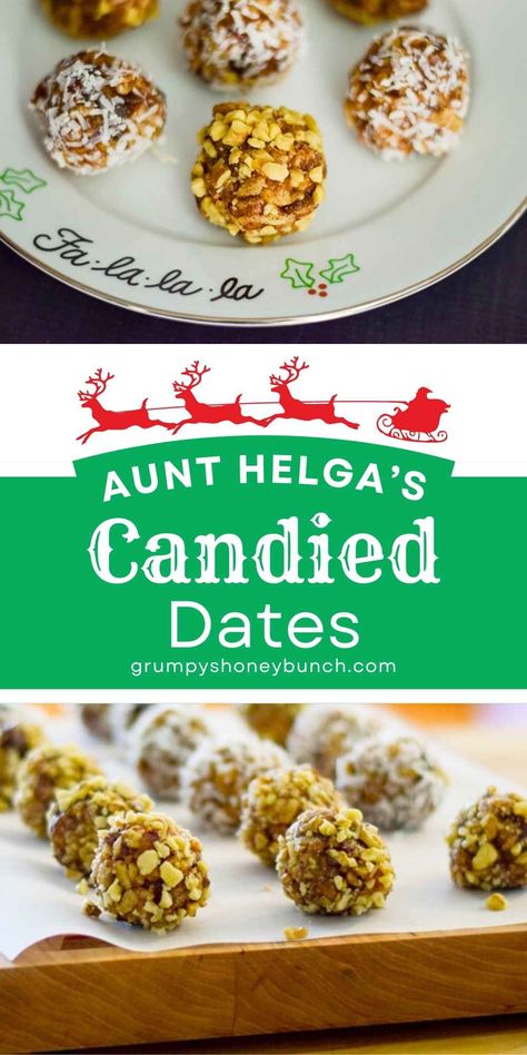 Try this cherished family recipe for candied dates, a favorite from my great Aunt Helga. These sweet, rich treats are perfect for holidays or as a special snack. A classic recipe passed down through generations! Date Candies, Date Candy Recipe, Date Cookies Recipes, Candied Dates, Date Candy, Date Recipe, Date Loaf, Traditional Holiday Recipes, Christmas Drinks Recipes