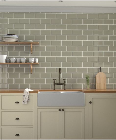 Sage Tile, Metro Tiles Kitchen, Metro Kitchen, Grey Kitchen Tiles, Metro White, Sage Kitchen, Kitchen Splashback Tiles, Sage Green Kitchen, Topps Tiles