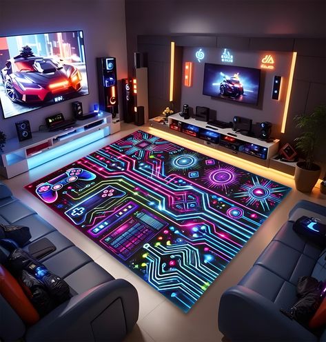 Cyberpunk Gaming Rug, Neon Lights and Futuristic Design for Gaming Room Decor,  Neon Cyberpunk Rug, Vibrant and Modern Gaming Room Carpet, Futuristic Gaming Room Rug, High-Tech Neon Lights and Cyberpunk Theme SWIFT SHIPPING The smallest mat size in our store is (40 cm X 60 cm) = (15.7 inch X 23.6 inch). Be sure to note this size when placing your order. THE MINIMUM SIZE IS 40X60CM. VERIFY YOU SELECT THE CORRECT SIZE BEFORE PURCHASING. 🌟 Our rugs are 4-5 mm in thickness. 🌟 They come with a Non- Game Room Carpet, Futuristic Gaming Room, Cyberpunk Room Decor, Cyberpunk Home, Gaming Lighting, Cyberpunk Office, Modern Gaming Room, Cyberpunk Decor, Futuristic Rooms