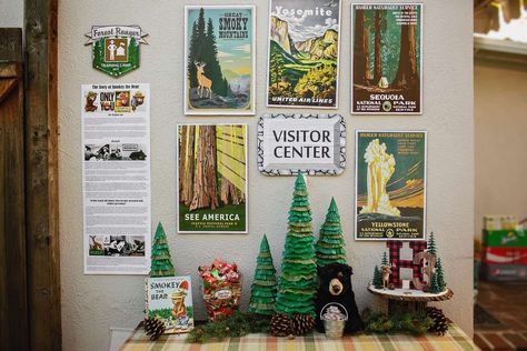 Pnw Themed Party, Ranger Station Decor, National Park Classroom Decor, Smokey The Bear Nursery, National Parks Themed Classroom, National Park Birthday Theme, Park Ranger Birthday Party, National Park Birthday Party, Camping Birthday Party Ideas