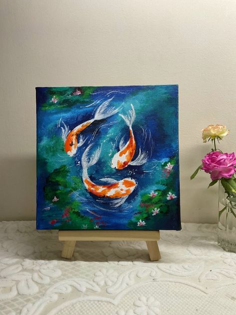 Japanese Koi Fish Acrylic Painting, Canvas Painting Koi Fish, Koi Fish In Pond Painting, Koi Fishes Painting, Koi Pond Painting Acrylics, Painting Ideas On Canvas Koi Fish, Coy Pond Painting, Acrylic Koi Fish Painting, How To Paint Koi Fish