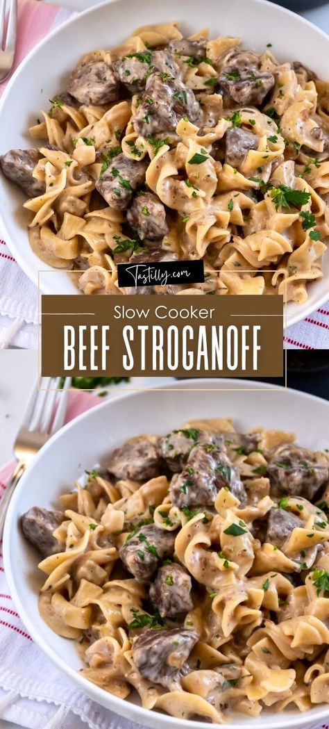 Easy Slow Cooker Beef Stroganoff - Tastilly Crockpot Recipes Stroganoff, Stroganoff Slow Cooker Recipes, Crockpot Creamy Beef And Noodles, Beef Stroganoff Crockpot No Mushrooms, Beef Stroganoff Betty Crocker, Best Beef Stroganoff Crockpot, Crockpot Beef Stroganoff No Mushroom, Crockpot Beef Stroganoff With Hamburger, Beef Stroganoff Easy Crock Pots