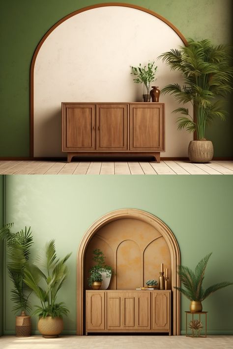 vintage wooden cabinet, wooden furniture and plants on green wall 3d mock up illustration reklamo, in the style of light white and gold, artist's frame, uhd image, contemporary diy, earth tone color palette, asymmetrical framing, arched doorways Design Prompts, Living Room Designs India, How To Start Painting, Tone Color Palette, Arched Doorways, Up Illustration, Earth Tone Color Palette, House Colours, Painting Walls