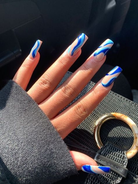 Blue Pattern Acrylic Nails, Acrylic Nails Blue Swirls, Colourful Swirl Nails, Blue Swirl Nails Coffin, Blue Swirl Nails Acrylic, Blue Patterned Nails, Blue Swirl Nail Designs, Blue Coffin Acrylics, Blue Pattern Nails