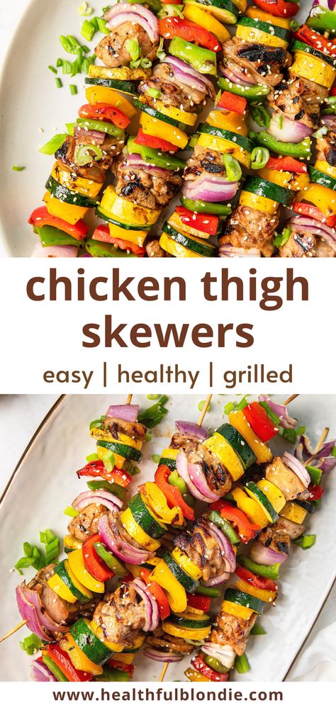 Healthy Grilled Honey Soy Chicken Thigh Skewers Chicken Thigh Skewers, Asian Inspired Chicken, Meal Prep Family, Honey Soy Chicken Thighs, Miso Marinade, Homemade Miso, Grilled Peach Salad, Honey Soy Chicken, Healthy Grilled