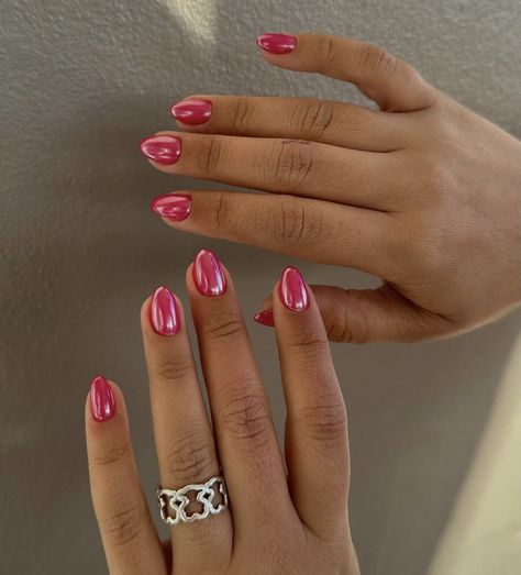 Bright Colours Nails, Nails Short Almond Summer, Summer Birthday Nails Almond, Summer Nails Biab, Pink Shiny Nails, Natural Short Almond Nails, Hot Pink Chrome Nails, Nails Biab, Nails Birthday