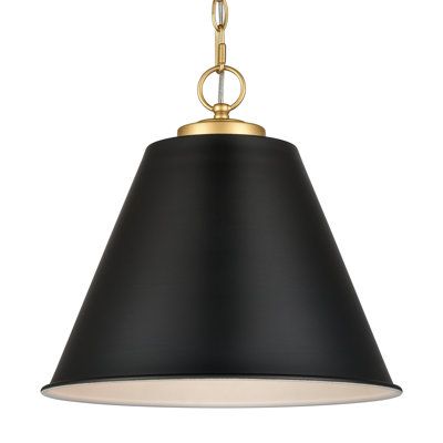 The collection has an oversized metal shade for bold style and functional light. The metal accent at the top allows for a contrasting finish. Shade Color: Black | Everly Quinn Amenta 14" Wide 1-Light Pendant - Matte White Metal in Black, Size 13.0 H x 14.0 W x 14.0 D in | Wayfair Black And Gold Pendant Lights, House Lighting, Candelabra Chandeliers, Butlers Pantry, Dome Pendant Lighting, Lamp Cord, Farmhouse Chandelier, Deco Luminaire, Reno Ideas