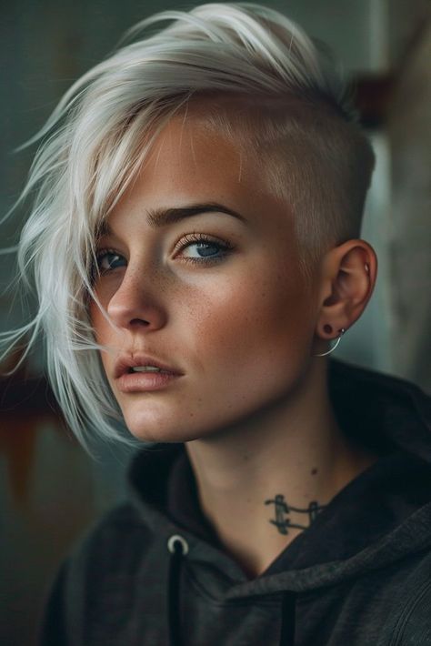 Short Hair Styles For Fine Hair Over 50, Short Hair With Shaved Side, Asymmetrical Pixie Edgy Fine Hair, Punk Haircuts For Women, Shaved Head Styles, Side Shave, Sketch Practice, Shaved Side Hairstyles, Short Haircut Styles